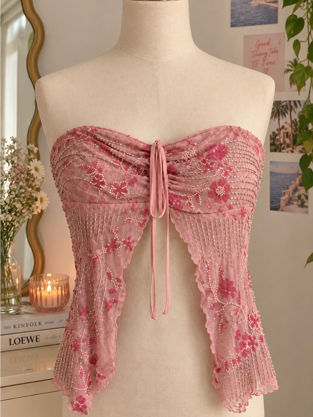 Y2K Pink Fairy Beaded Mesh Halter Top Size XL